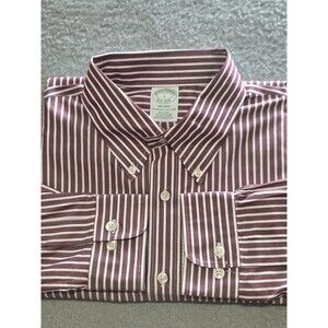 Brooks Brothers Shirt Mens L Burgundy White Stripe Milano Non-Iron Supima Cotton